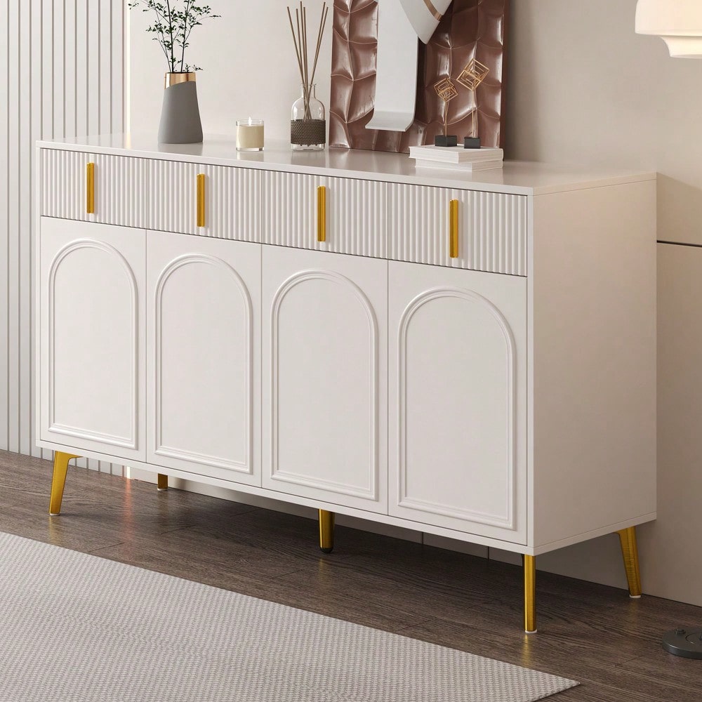 Sideboard mit goldenen Griffen und Beinen, 4 Türen, 4 Schubladen, mit herausnehmbarem Laminat, geeignet für Wohn- und Esszimmer, 140*37,8*82 cm.