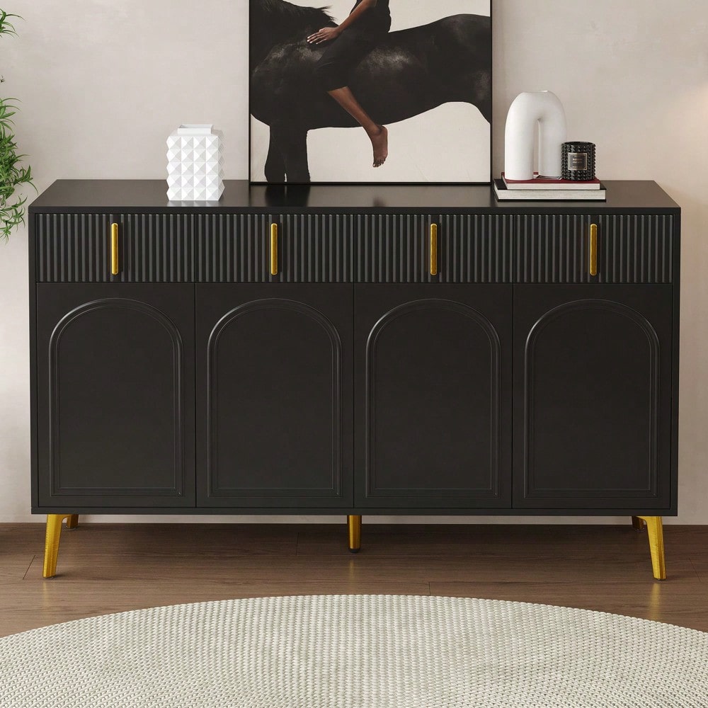 Sideboard mit goldenen Griffen und Beinen, 4 Türen, 4 Schubladen, mit herausnehmbarem Laminat, geeignet für Wohn- und Esszimmer, 140*38*82 cm.
