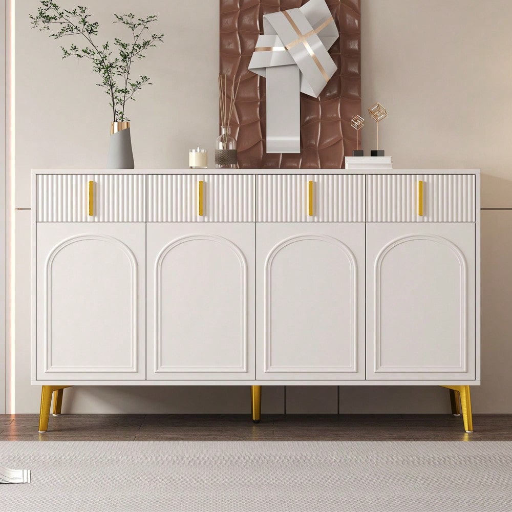 Sideboard mit goldenen Griffen und Beinen, 4 Türen, 4 Schubladen, mit herausnehmbarem Laminat, geeignet für Wohn- und Esszimmer, 140*37,8*82 cm.