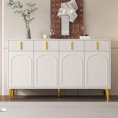 Sideboard mit goldenen Griffen und Beinen, 4 Türen, 4 Schubladen, mit herausnehmbarem Laminat, geeignet für Wohn- und Esszimmer, 140*37,8*82 cm.