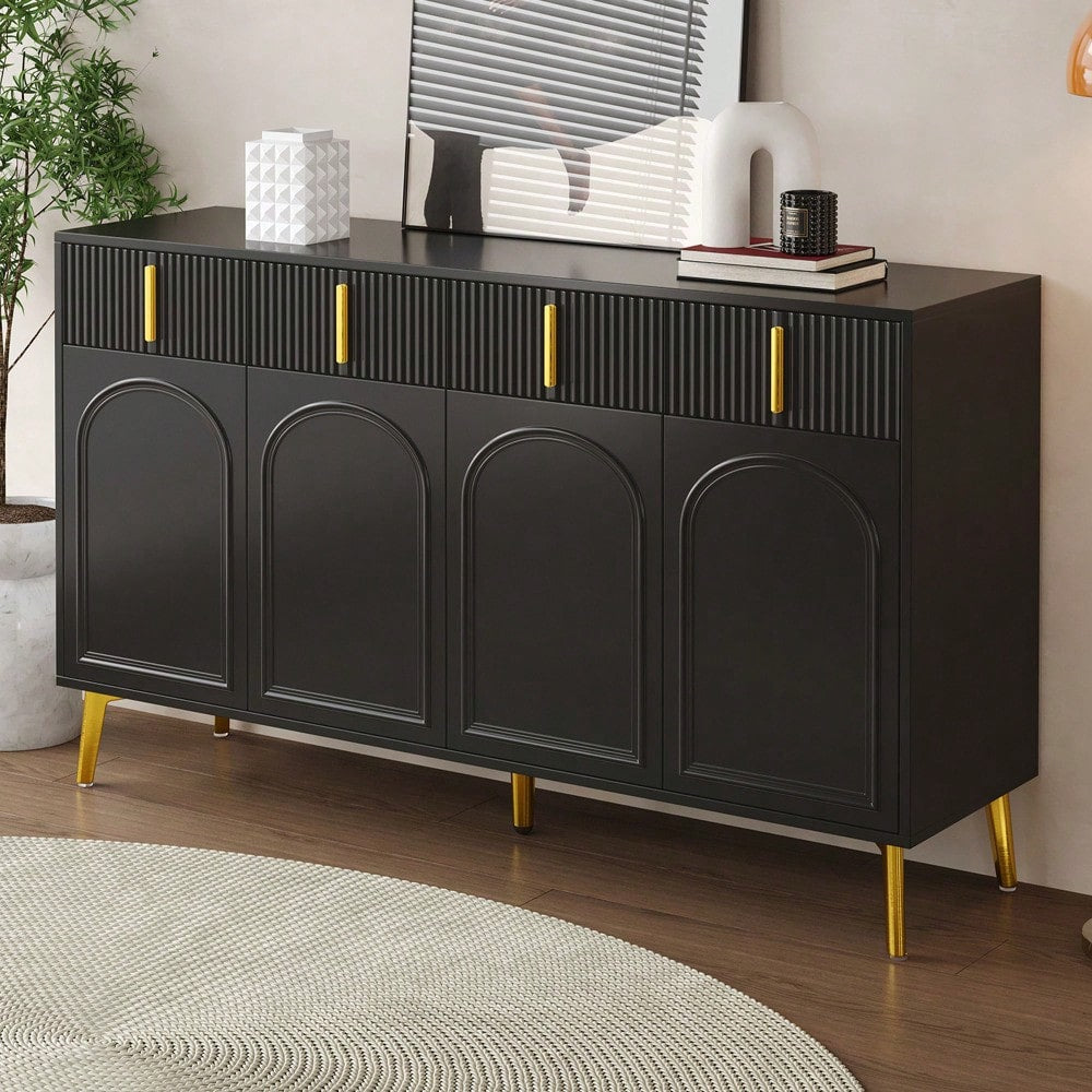 Sideboard mit goldenen Griffen und Beinen, 4 Türen, 4 Schubladen, mit herausnehmbarem Laminat, geeignet für Wohn- und Esszimmer, 140*38*82 cm.