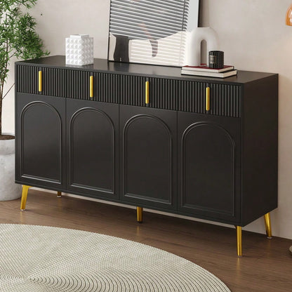 Sideboard mit goldenen Griffen und Beinen, 4 Türen, 4 Schubladen, mit herausnehmbarem Laminat, geeignet für Wohn- und Esszimmer, 140*38*82 cm.