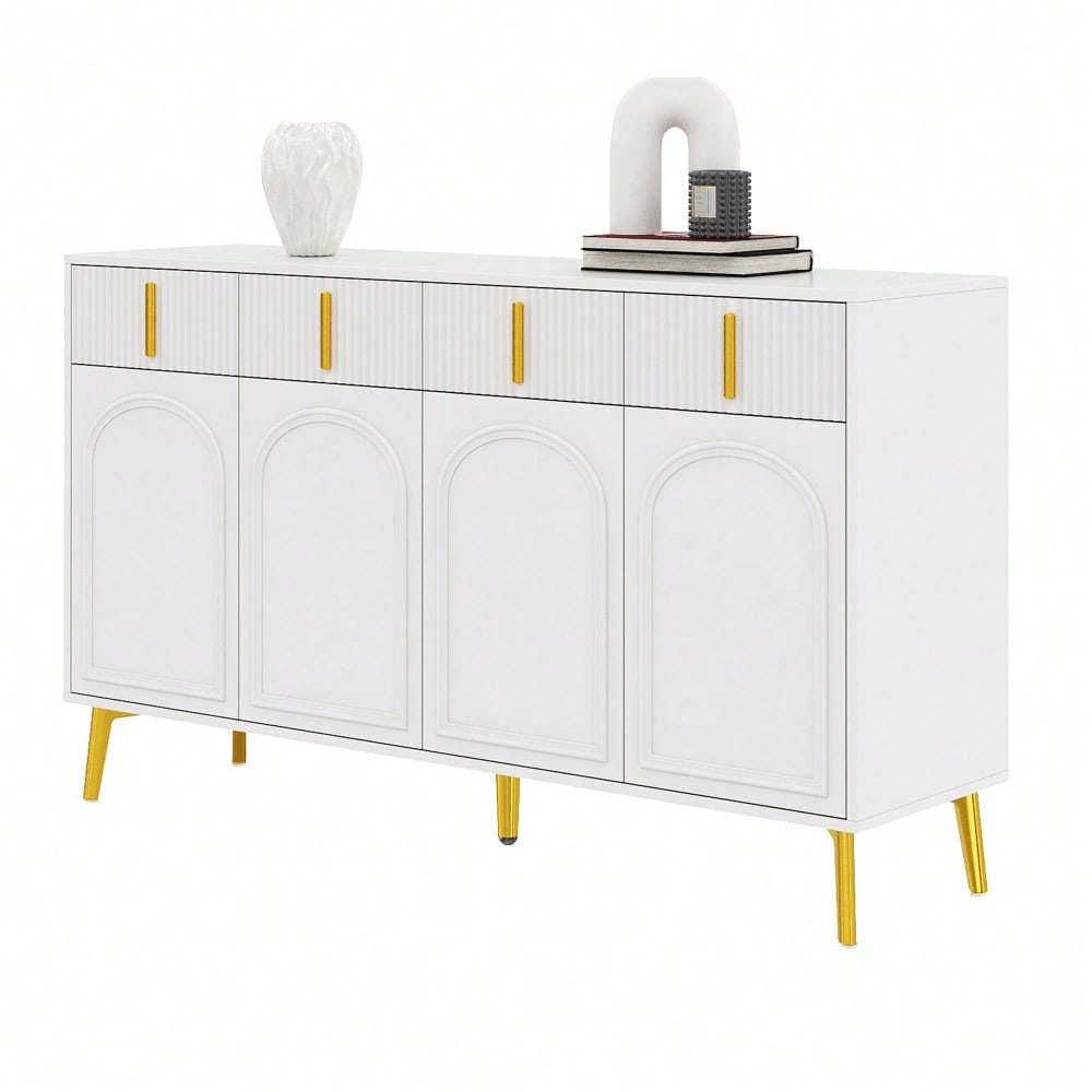 Sideboard mit goldenen Griffen und Beinen, 4 Türen, 4 Schubladen, mit herausnehmbarem Laminat, geeignet für Wohn- und Esszimmer, 140*37,8*82 cm.