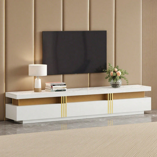 =N625P213324325W  Moderner Lowboard TV-Schrank mit Marmor-Optik, TV-Board, TV-Kommode, 200 x 40 x 42 cm – Für Fernseher bis 90 Zoll, Drei Schubladen und 1 Kabelmanagement