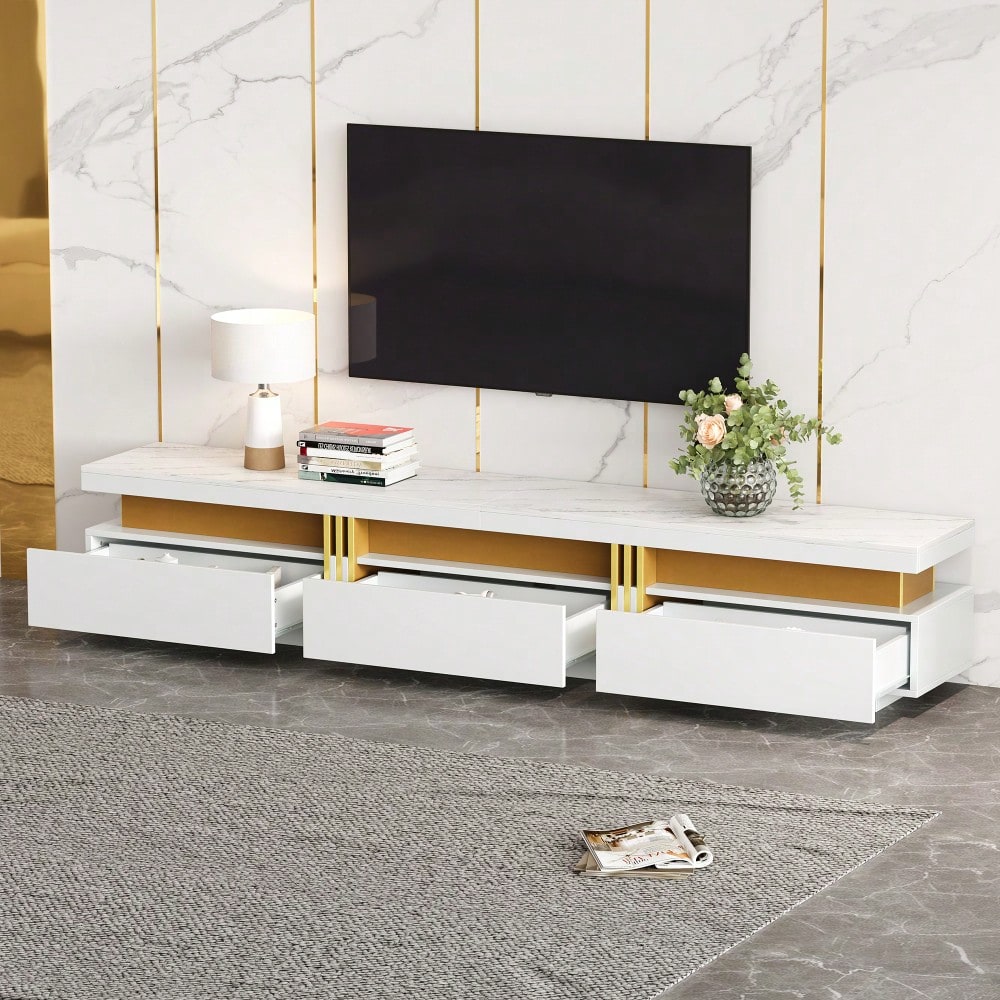 =N625P213324325W  Moderner Lowboard TV-Schrank mit Marmor-Optik, TV-Board, TV-Kommode, 200 x 40 x 42 cm – Für Fernseher bis 90 Zoll, Drei Schubladen und 1 Kabelmanagement