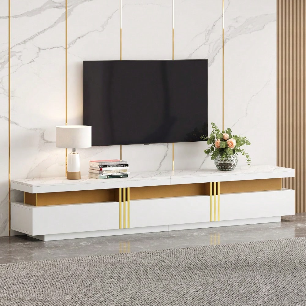 =N625P213324325W  Moderner Lowboard TV-Schrank mit Marmor-Optik, TV-Board, TV-Kommode, 200 x 40 x 42 cm – Für Fernseher bis 90 Zoll, Drei Schubladen und 1 Kabelmanagement
