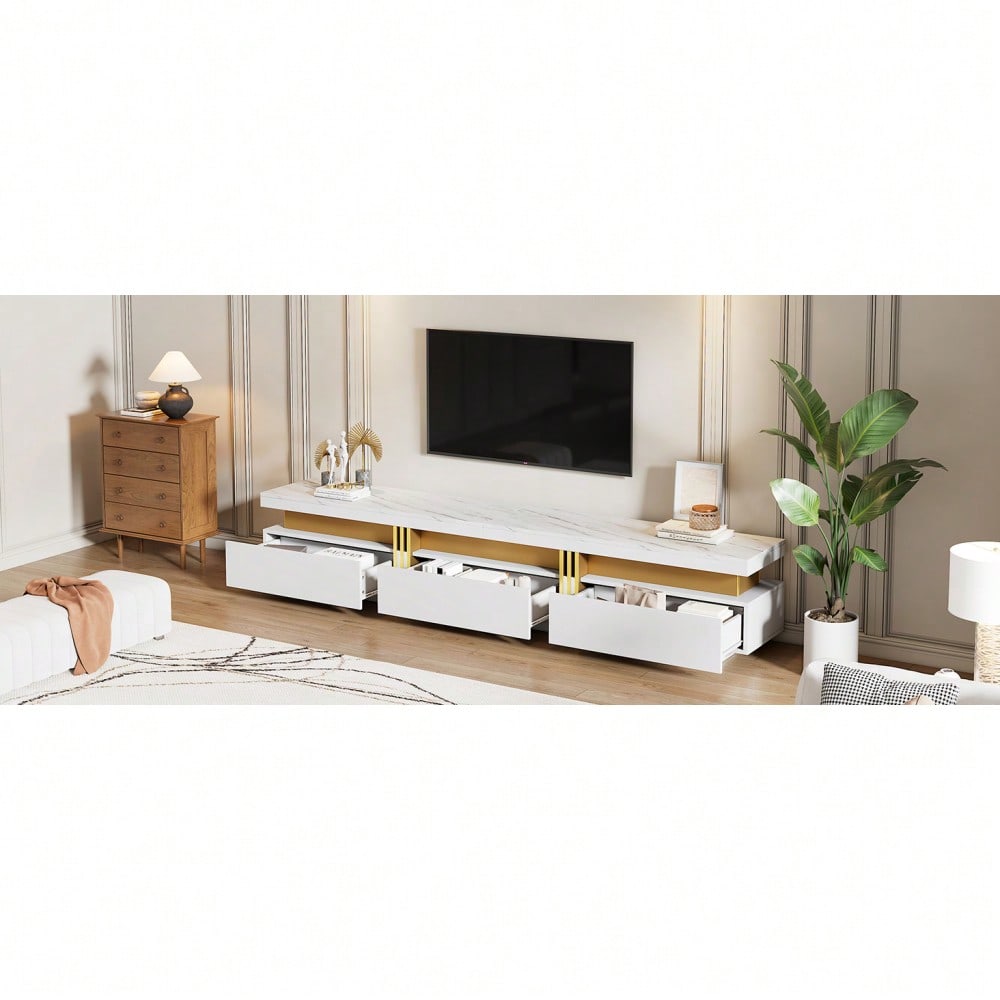 =N625P213324325W  Moderner Lowboard TV-Schrank mit Marmor-Optik, TV-Board, TV-Kommode, 200 x 40 x 42 cm – Für Fernseher bis 90 Zoll, Drei Schubladen und 1 Kabelmanagement