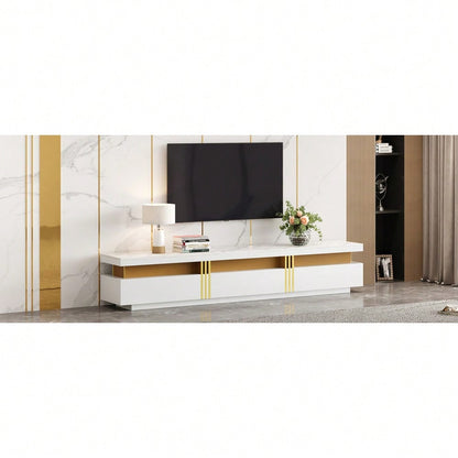 =N625P213324325W  Moderner Lowboard TV-Schrank mit Marmor-Optik, TV-Board, TV-Kommode, 200 x 40 x 42 cm – Für Fernseher bis 90 Zoll, Drei Schubladen und 1 Kabelmanagement