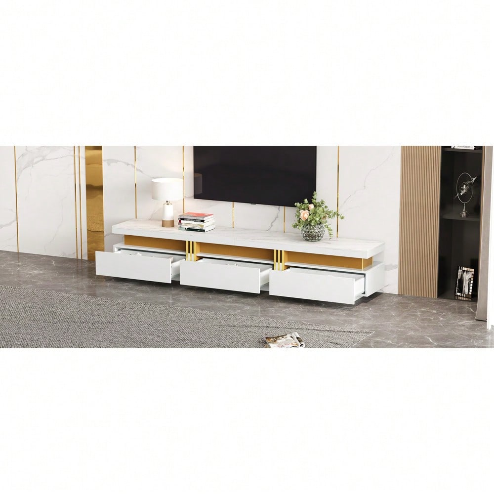 =N625P213324325W  Moderner Lowboard TV-Schrank mit Marmor-Optik, TV-Board, TV-Kommode, 200 x 40 x 42 cm – Für Fernseher bis 90 Zoll, Drei Schubladen und 1 Kabelmanagement