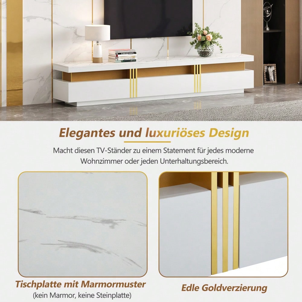 =N625P213324325W  Moderner Lowboard TV-Schrank mit Marmor-Optik, TV-Board, TV-Kommode, 200 x 40 x 42 cm – Für Fernseher bis 90 Zoll, Drei Schubladen und 1 Kabelmanagement