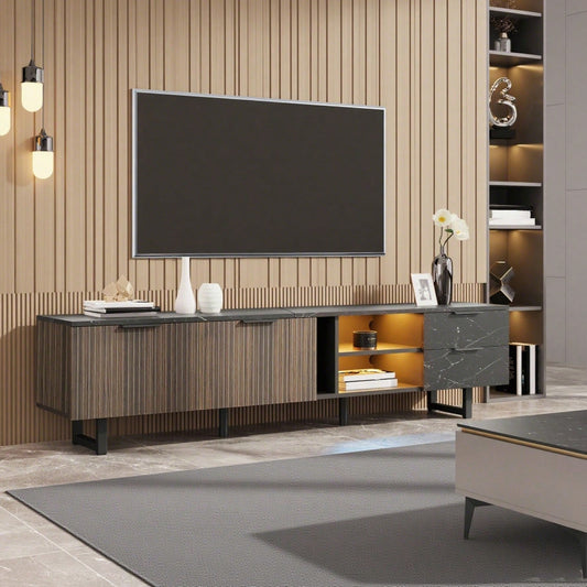 200cm TV-Schrank mit schwarzer Marmoroptik, dunklen Holzmasertüren, verstellbarer LED-Beleuchtung, zwei Türen und zwei Schubladen, geeignet für Staubsaugerroboter