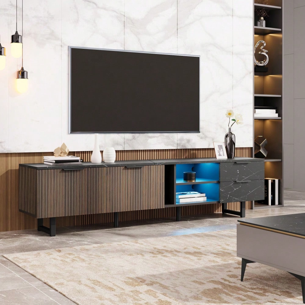200cm TV-Schrank mit schwarzer Marmoroptik, dunklen Holzmasertüren, verstellbarer LED-Beleuchtung, zwei Türen und zwei Schubladen, geeignet für Staubsaugerroboter