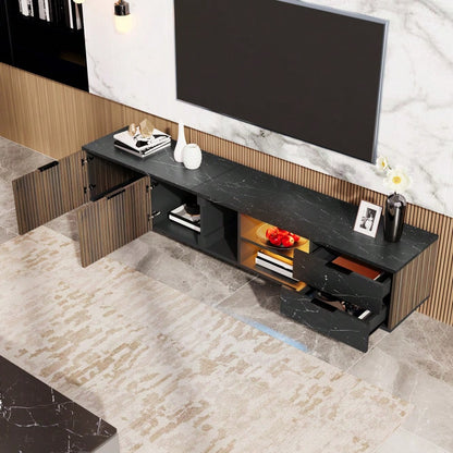 200cm TV-Schrank mit schwarzer Marmoroptik, dunklen Holzmasertüren, verstellbarer LED-Beleuchtung, zwei Türen und zwei Schubladen, geeignet für Staubsaugerroboter