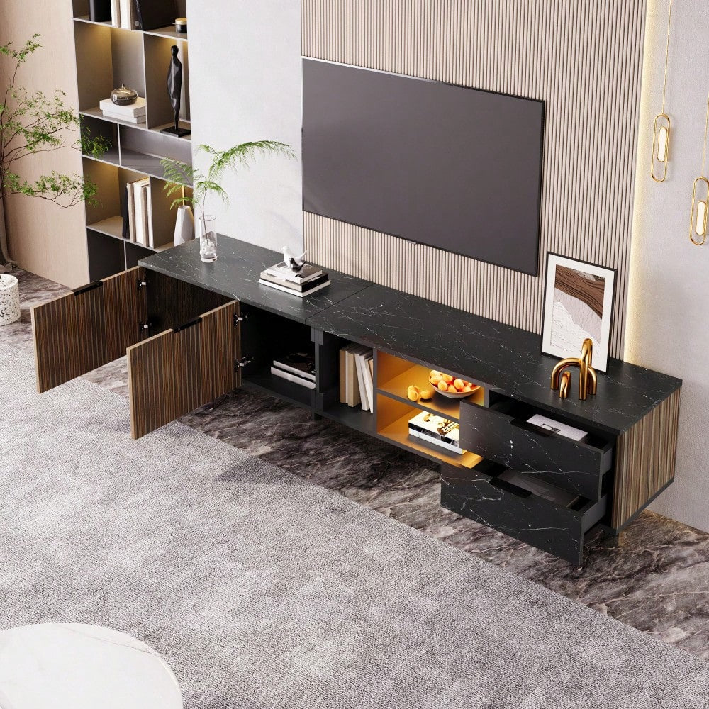 200cm TV-Schrank mit schwarzer Marmoroptik, dunklen Holzmasertüren, verstellbarer LED-Beleuchtung, zwei Türen und zwei Schubladen, geeignet für Staubsaugerroboter