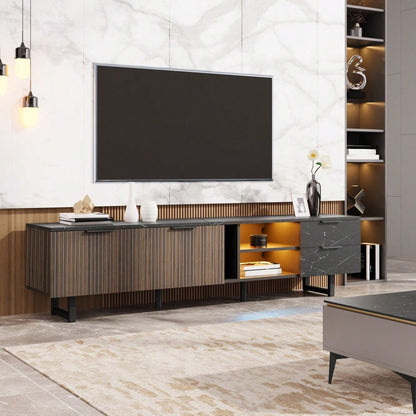 200cm TV-Schrank mit schwarzer Marmoroptik, dunklen Holzmasertüren, verstellbarer LED-Beleuchtung, zwei Türen und zwei Schubladen, geeignet für Staubsaugerroboter