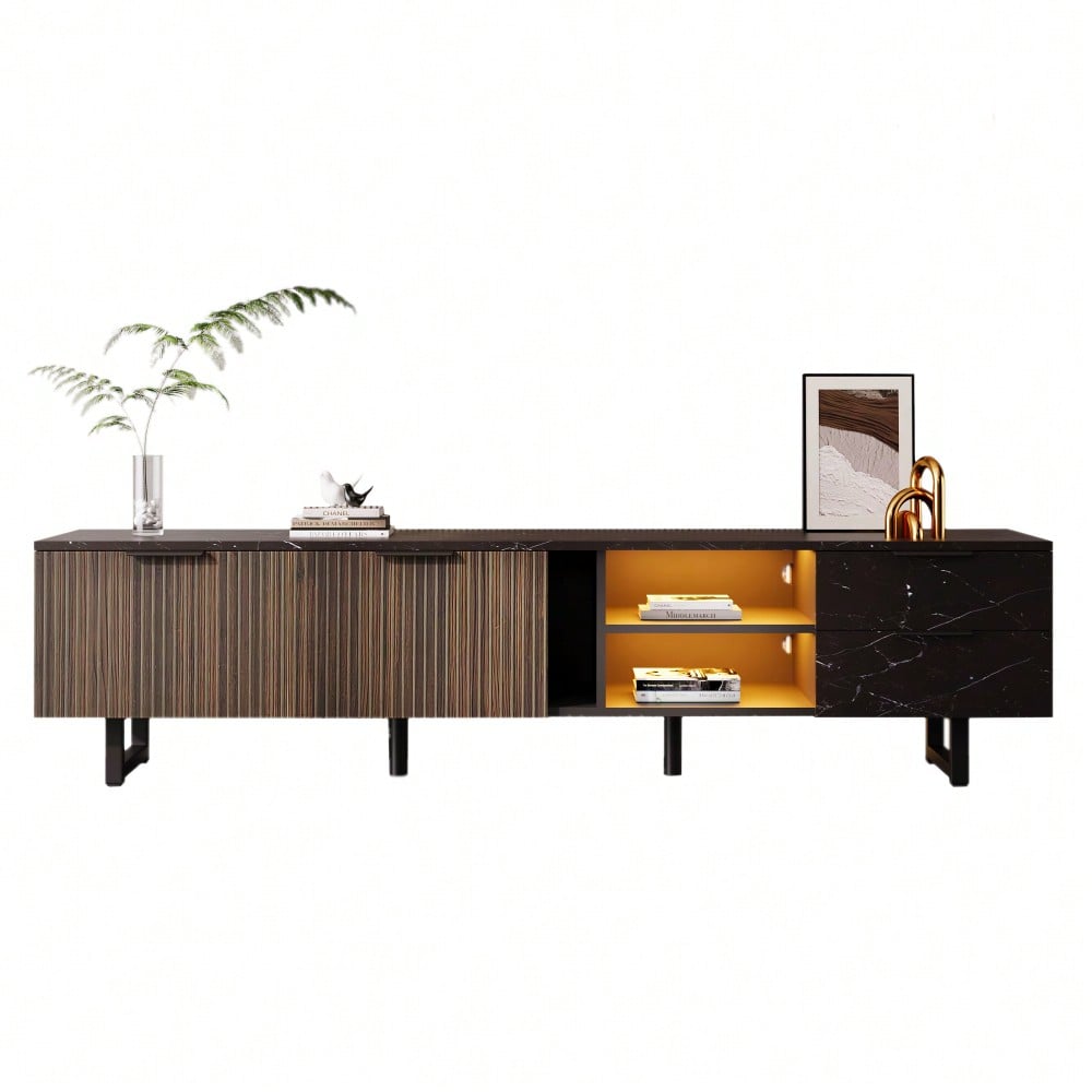 200cm TV-Schrank mit schwarzer Marmoroptik, dunklen Holzmasertüren, verstellbarer LED-Beleuchtung, zwei Türen und zwei Schubladen, geeignet für Staubsaugerroboter