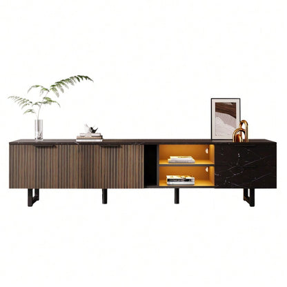 200cm TV-Schrank mit schwarzer Marmoroptik, dunklen Holzmasertüren, verstellbarer LED-Beleuchtung, zwei Türen und zwei Schubladen, geeignet für Staubsaugerroboter