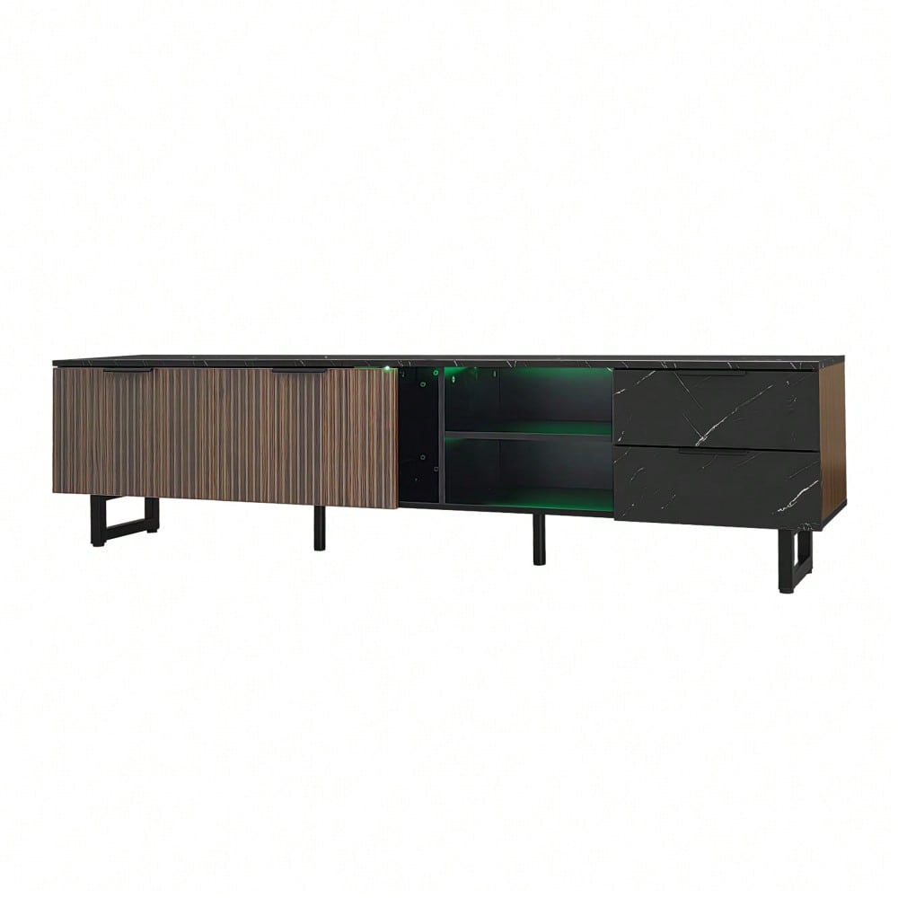 200cm TV-Schrank mit schwarzer Marmoroptik, dunklen Holzmasertüren, verstellbarer LED-Beleuchtung, zwei Türen und zwei Schubladen, geeignet für Staubsaugerroboter