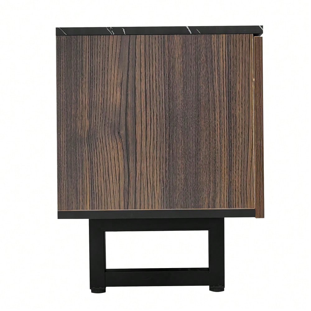 200cm TV-Schrank mit schwarzer Marmoroptik, dunklen Holzmasertüren, verstellbarer LED-Beleuchtung, zwei Türen und zwei Schubladen, geeignet für Staubsaugerroboter