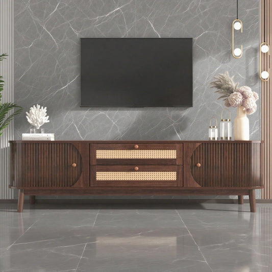 TV-Schrank-Natürlicher Holz-Blend TV-Schrank mit Türen und Schubladen. TV-Ständer mit Rattanseiten. Aufbewahrungslösung, Natürlicher Landhausstil
