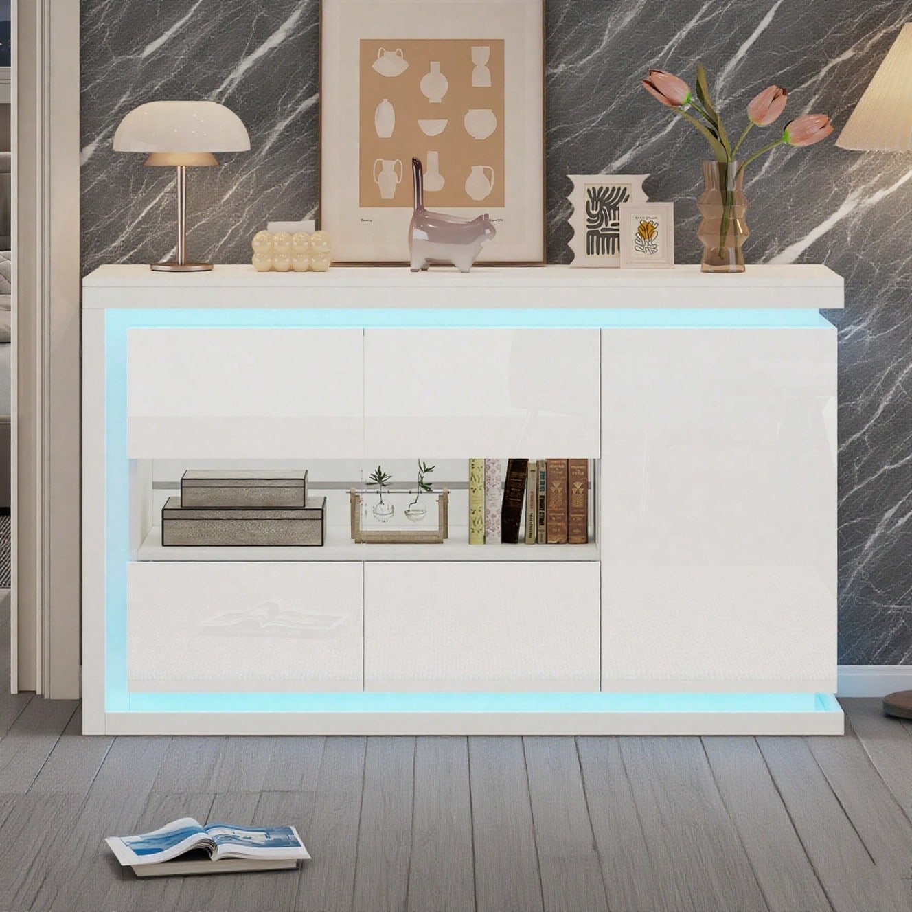 140*40*84cm Wohnzimmerschrank,Moderne Kommode mit  4 Fächern, Breite 140 cm,Beistellschrank mit LED-Lichtleiste,Hochglanz-Sideboard mit Türen aus gehärtetem Glas,Geeignet für Flure, Wohnzimmer, Büros