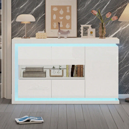 140*40*84cm Wohnzimmerschrank,Moderne Kommode mit  4 Fächern, Breite 140 cm,Beistellschrank mit LED-Lichtleiste,Hochglanz-Sideboard mit Türen aus gehärtetem Glas,Geeignet für Flure, Wohnzimmer, Büros