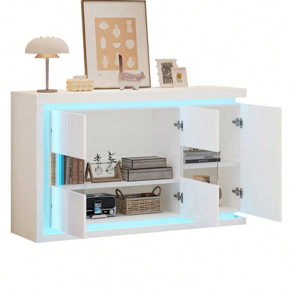 140*40*84cm Wohnzimmerschrank,Moderne Kommode mit  4 Fächern, Breite 140 cm,Beistellschrank mit LED-Lichtleiste,Hochglanz-Sideboard mit Türen aus gehärtetem Glas,Geeignet für Flure, Wohnzimmer, Büros