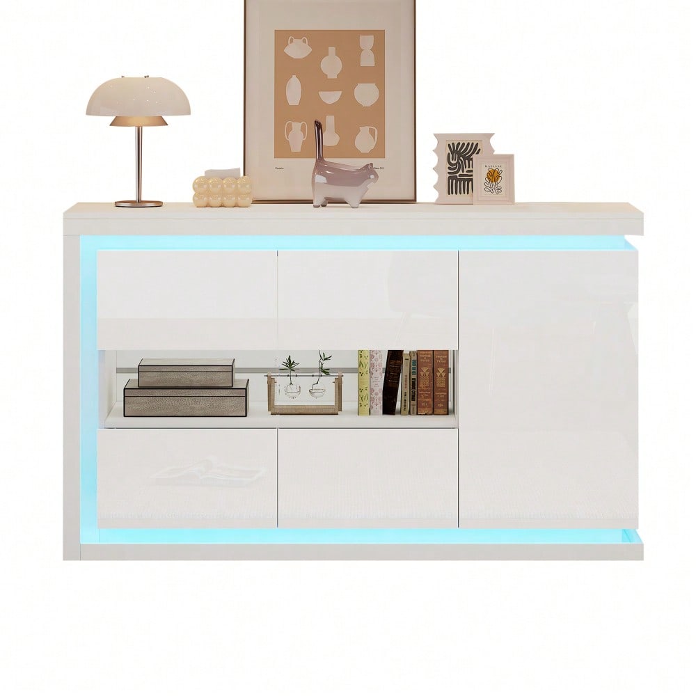 140*40*84cm Wohnzimmerschrank,Moderne Kommode mit  4 Fächern, Breite 140 cm,Beistellschrank mit LED-Lichtleiste,Hochglanz-Sideboard mit Türen aus gehärtetem Glas,Geeignet für Flure, Wohnzimmer, Büros