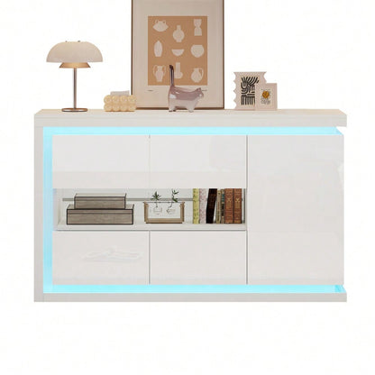 140*40*84cm Wohnzimmerschrank,Moderne Kommode mit  4 Fächern, Breite 140 cm,Beistellschrank mit LED-Lichtleiste,Hochglanz-Sideboard mit Türen aus gehärtetem Glas,Geeignet für Flure, Wohnzimmer, Büros