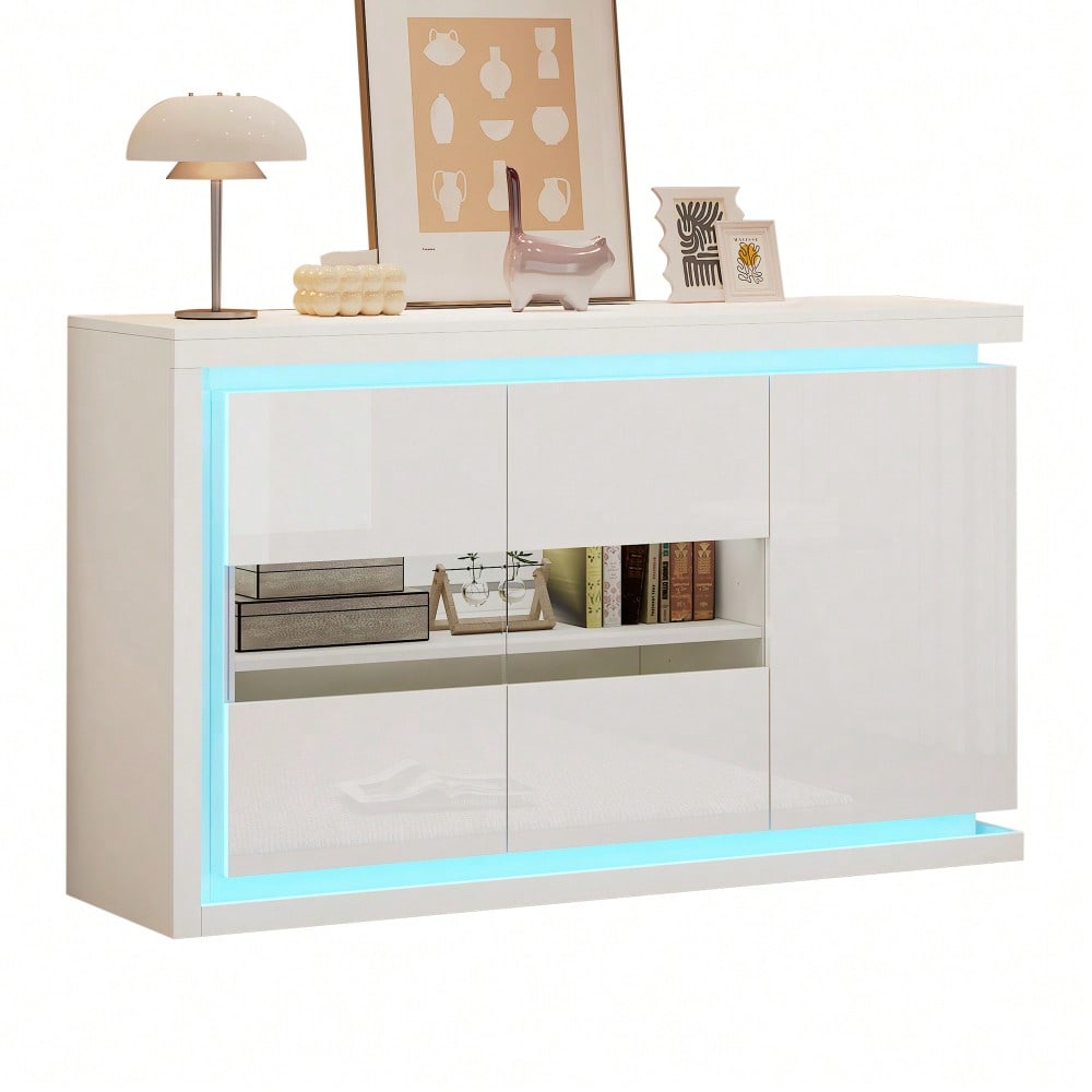 140*40*84cm Wohnzimmerschrank,Moderne Kommode mit  4 Fächern, Breite 140 cm,Beistellschrank mit LED-Lichtleiste,Hochglanz-Sideboard mit Türen aus gehärtetem Glas,Geeignet für Flure, Wohnzimmer, Büros