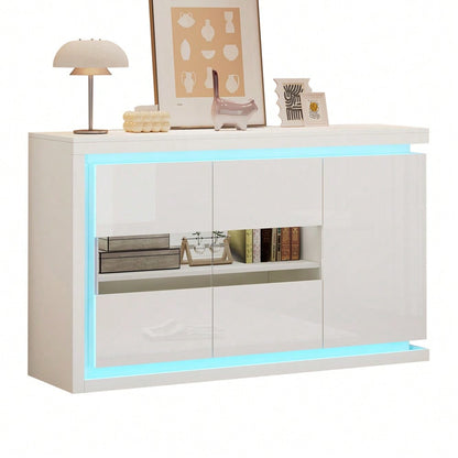 140*40*84cm Wohnzimmerschrank,Moderne Kommode mit  4 Fächern, Breite 140 cm,Beistellschrank mit LED-Lichtleiste,Hochglanz-Sideboard mit Türen aus gehärtetem Glas,Geeignet für Flure, Wohnzimmer, Büros