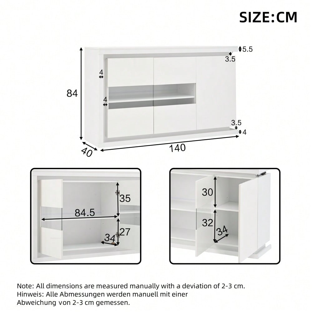 140*40*84cm Wohnzimmerschrank,Moderne Kommode mit  4 Fächern, Breite 140 cm,Beistellschrank mit LED-Lichtleiste,Hochglanz-Sideboard mit Türen aus gehärtetem Glas,Geeignet für Flure, Wohnzimmer, Büros