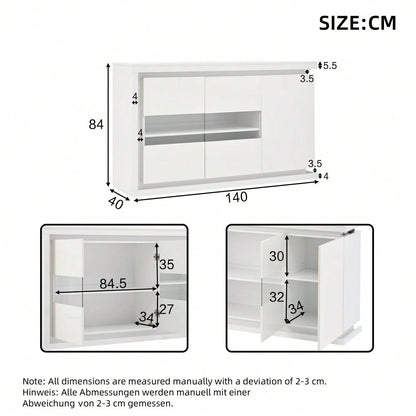 140*40*84cm Wohnzimmerschrank,Moderne Kommode mit  4 Fächern, Breite 140 cm,Beistellschrank mit LED-Lichtleiste,Hochglanz-Sideboard mit Türen aus gehärtetem Glas,Geeignet für Flure, Wohnzimmer, Büros