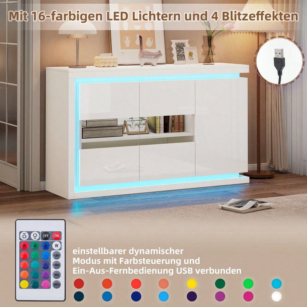 140*40*84cm Wohnzimmerschrank,Moderne Kommode mit  4 Fächern, Breite 140 cm,Beistellschrank mit LED-Lichtleiste,Hochglanz-Sideboard mit Türen aus gehärtetem Glas,Geeignet für Flure, Wohnzimmer, Büros