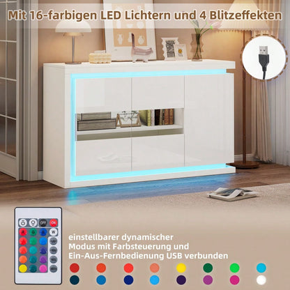 140*40*84cm Wohnzimmerschrank,Moderne Kommode mit  4 Fächern, Breite 140 cm,Beistellschrank mit LED-Lichtleiste,Hochglanz-Sideboard mit Türen aus gehärtetem Glas,Geeignet für Flure, Wohnzimmer, Büros