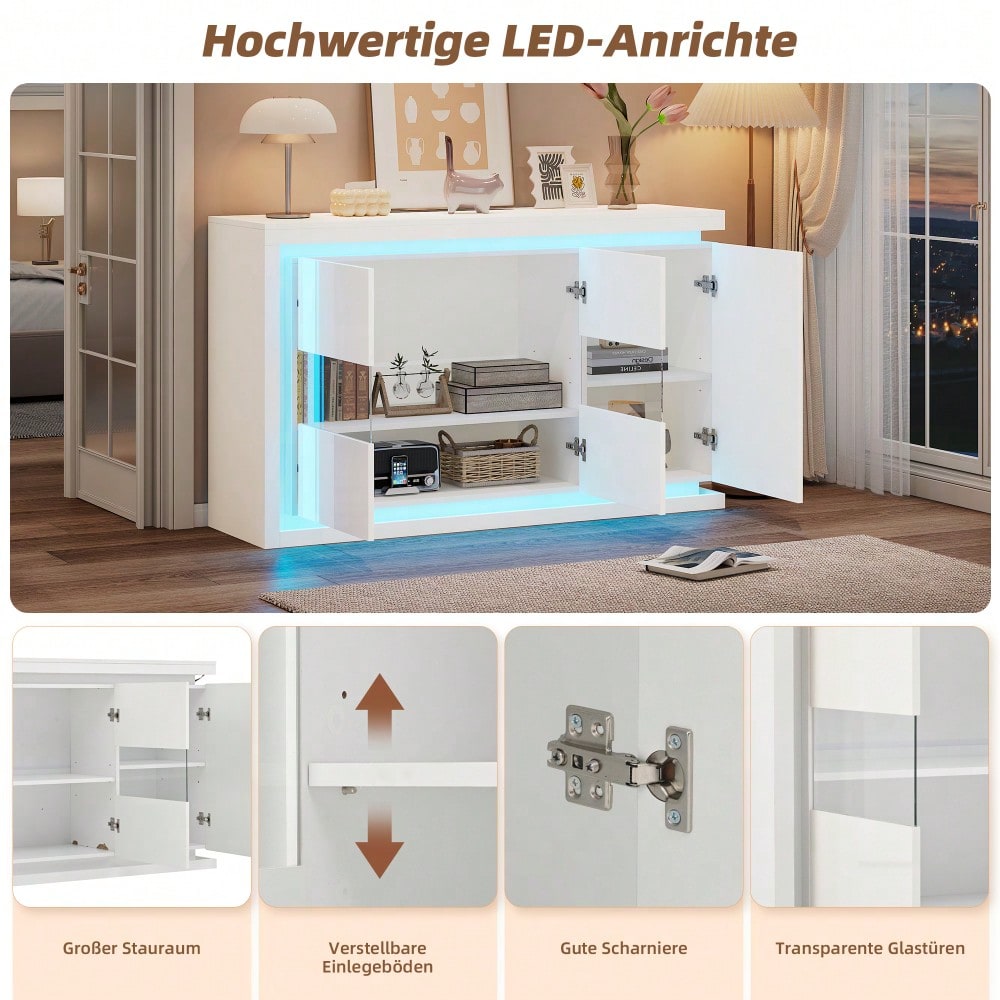 140*40*84cm Wohnzimmerschrank,Moderne Kommode mit  4 Fächern, Breite 140 cm,Beistellschrank mit LED-Lichtleiste,Hochglanz-Sideboard mit Türen aus gehärtetem Glas,Geeignet für Flure, Wohnzimmer, Büros