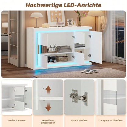 140*40*84cm Wohnzimmerschrank,Moderne Kommode mit  4 Fächern, Breite 140 cm,Beistellschrank mit LED-Lichtleiste,Hochglanz-Sideboard mit Türen aus gehärtetem Glas,Geeignet für Flure, Wohnzimmer, Büros