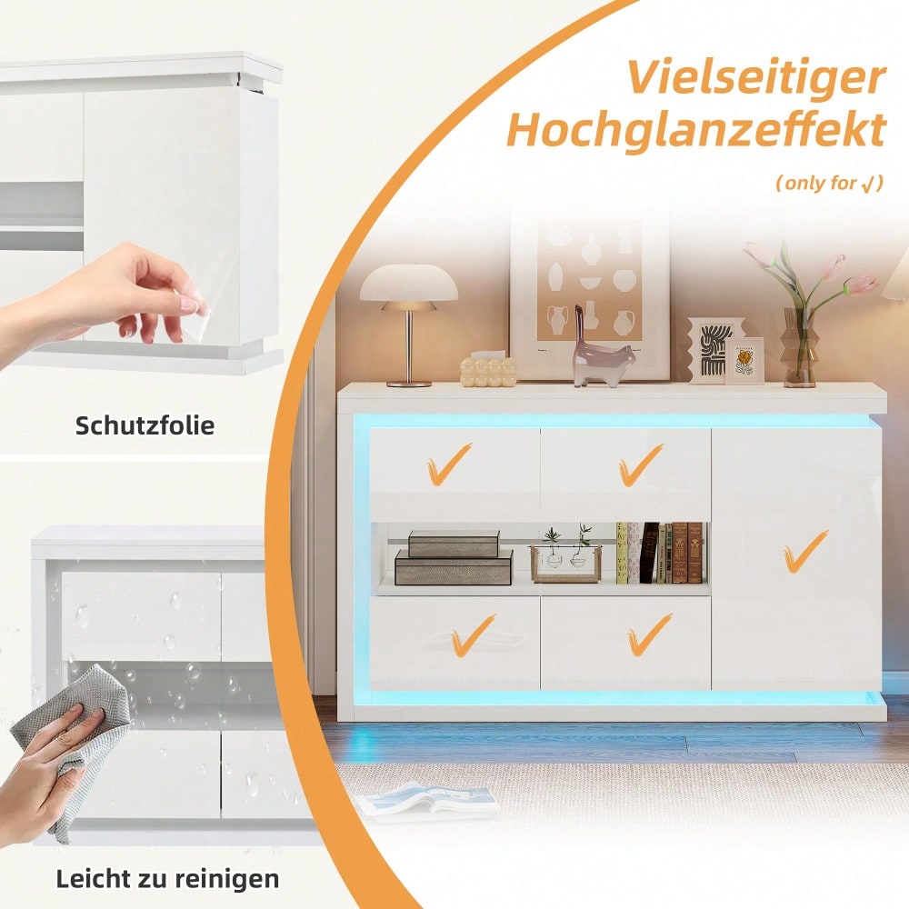 140*40*84cm Wohnzimmerschrank,Moderne Kommode mit  4 Fächern, Breite 140 cm,Beistellschrank mit LED-Lichtleiste,Hochglanz-Sideboard mit Türen aus gehärtetem Glas,Geeignet für Flure, Wohnzimmer, Büros