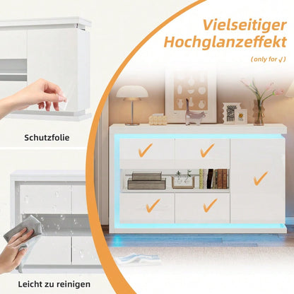 140*40*84cm Wohnzimmerschrank,Moderne Kommode mit  4 Fächern, Breite 140 cm,Beistellschrank mit LED-Lichtleiste,Hochglanz-Sideboard mit Türen aus gehärtetem Glas,Geeignet für Flure, Wohnzimmer, Büros