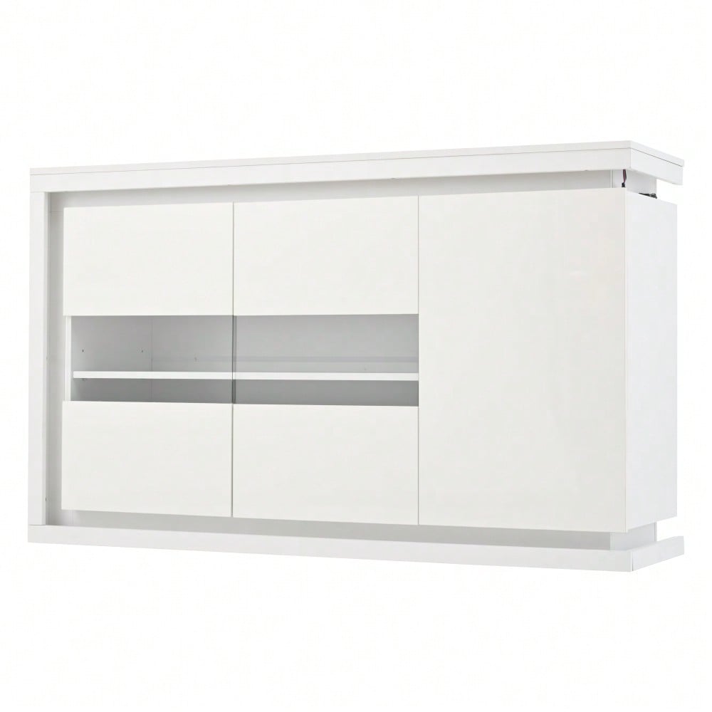 140*40*84cm Wohnzimmerschrank,Moderne Kommode mit  4 Fächern, Breite 140 cm,Beistellschrank mit LED-Lichtleiste,Hochglanz-Sideboard mit Türen aus gehärtetem Glas,Geeignet für Flure, Wohnzimmer, Büros