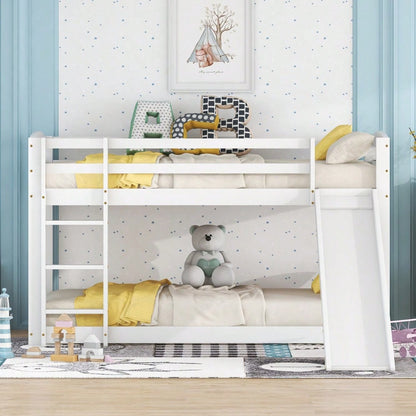 =(WX000303AAK-1) Etagenbett für Kinder und Jugendliche, Kinderbett mit Rutsche, Massivholzrahmen, einfache Montage, 90x200cm, weiß