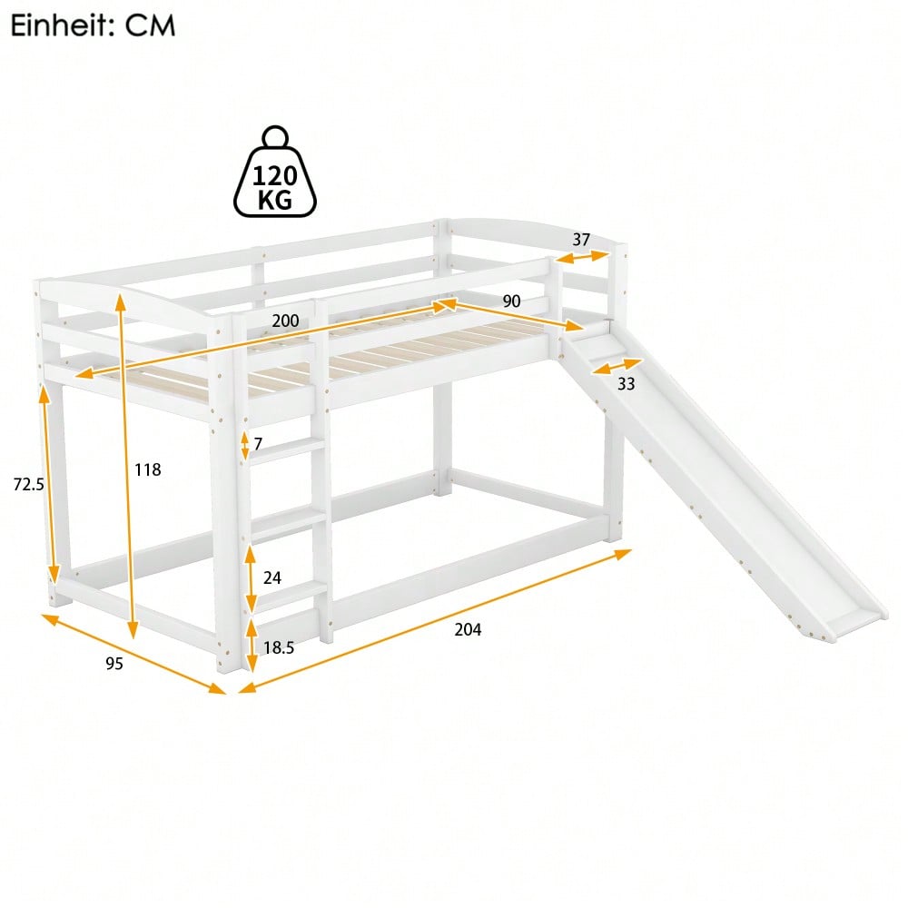 =(WX000303AAK-1) Etagenbett für Kinder und Jugendliche, Kinderbett mit Rutsche, Massivholzrahmen, einfache Montage, 90x200cm, weiß
