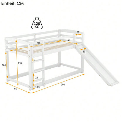 =(WX000303AAK-1) Etagenbett für Kinder und Jugendliche, Kinderbett mit Rutsche, Massivholzrahmen, einfache Montage, 90x200cm, weiß