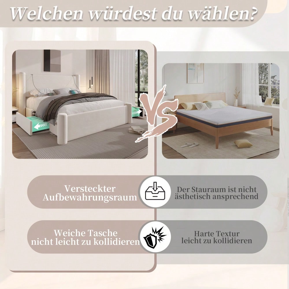 140x200 cm Bettgestell mit modernem Design, 3D-Säulen-Design, dick gepolsterte Kopfteil, 2 Stauraumschubladen und integrierte USB-Anschlüsse für praktischen Komfort und Stil im Schlafzimmer, Beige