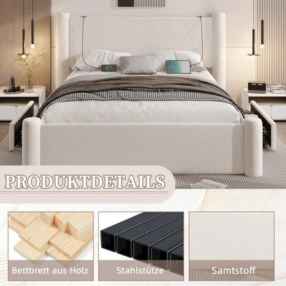 140x200 cm Bettgestell mit modernem Design, 3D-Säulen-Design, dick gepolsterte Kopfteil, 2 Stauraumschubladen und integrierte USB-Anschlüsse für praktischen Komfort und Stil im Schlafzimmer, Beige