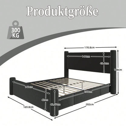 140x200 cm Bettgestell mit modernem Design, 3D-Säulen-Design, dick gepolsterte Kopfteil, 2 Stauraumschubladen und integrierte USB-Anschlüsse für praktischen Komfort und Stil im Schlafzimmer,Schwarz