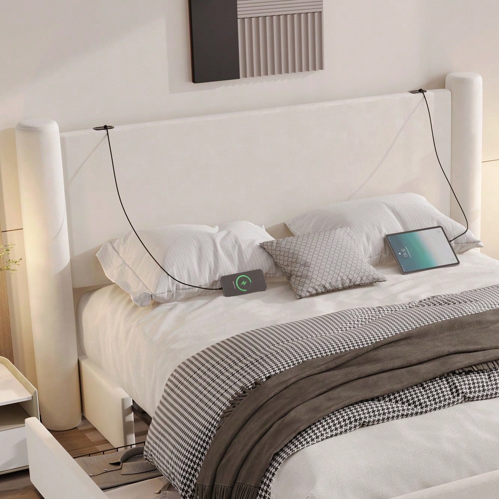 140x200 cm Bettgestell mit modernem Design, 3D-Säulen-Design, dick gepolsterte Kopfteil, 2 Stauraumschubladen und integrierte USB-Anschlüsse für praktischen Komfort und Stil im Schlafzimmer, Beige