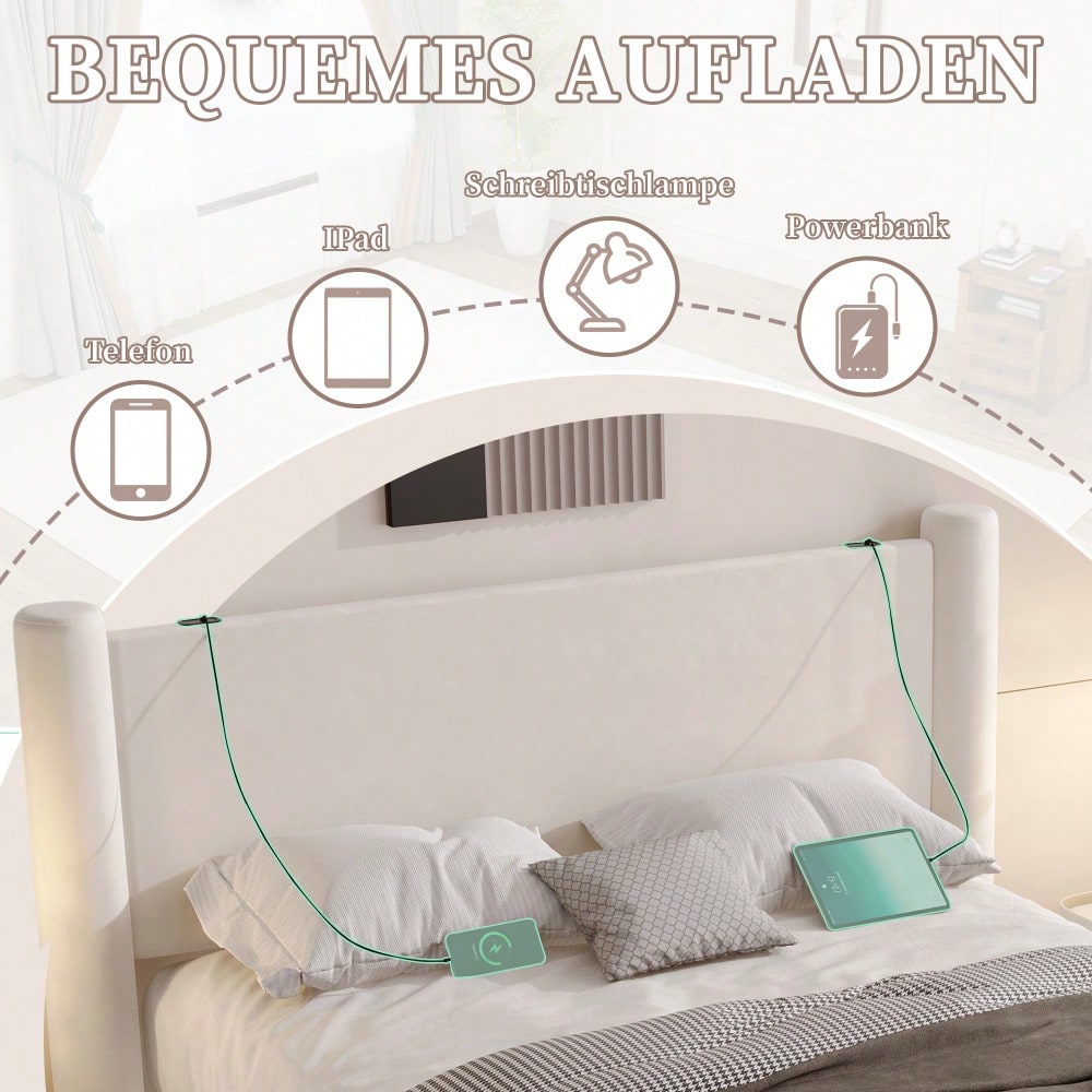 140x200 cm Bettgestell mit modernem Design, 3D-Säulen-Design, dick gepolsterte Kopfteil, 2 Stauraumschubladen und integrierte USB-Anschlüsse für praktischen Komfort und Stil im Schlafzimmer, Beige