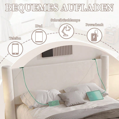 140x200 cm Bettgestell mit modernem Design, 3D-Säulen-Design, dick gepolsterte Kopfteil, 2 Stauraumschubladen und integrierte USB-Anschlüsse für praktischen Komfort und Stil im Schlafzimmer, Beige