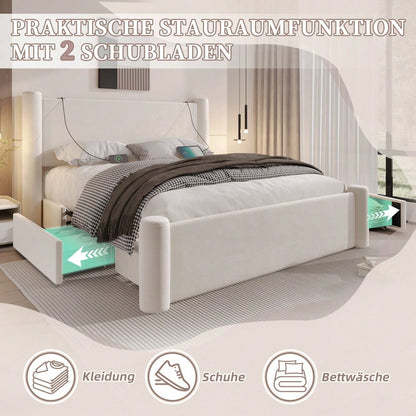 140x200 cm Bettgestell mit modernem Design, 3D-Säulen-Design, dick gepolsterte Kopfteil, 2 Stauraumschubladen und integrierte USB-Anschlüsse für praktischen Komfort und Stil im Schlafzimmer, Beige